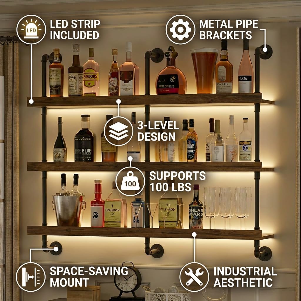 벽걸이식 LED 조명 와인랙 3단 플로팅 바 선반 주류 - Commercial Kitchen Shelving 리뷰 및 가격